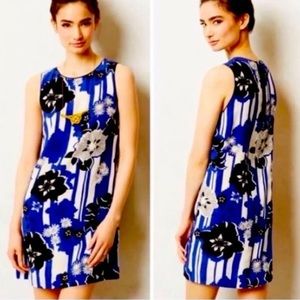 Anthropologie Canna Shift Blue Floral Silk Dress By Maeve size 6